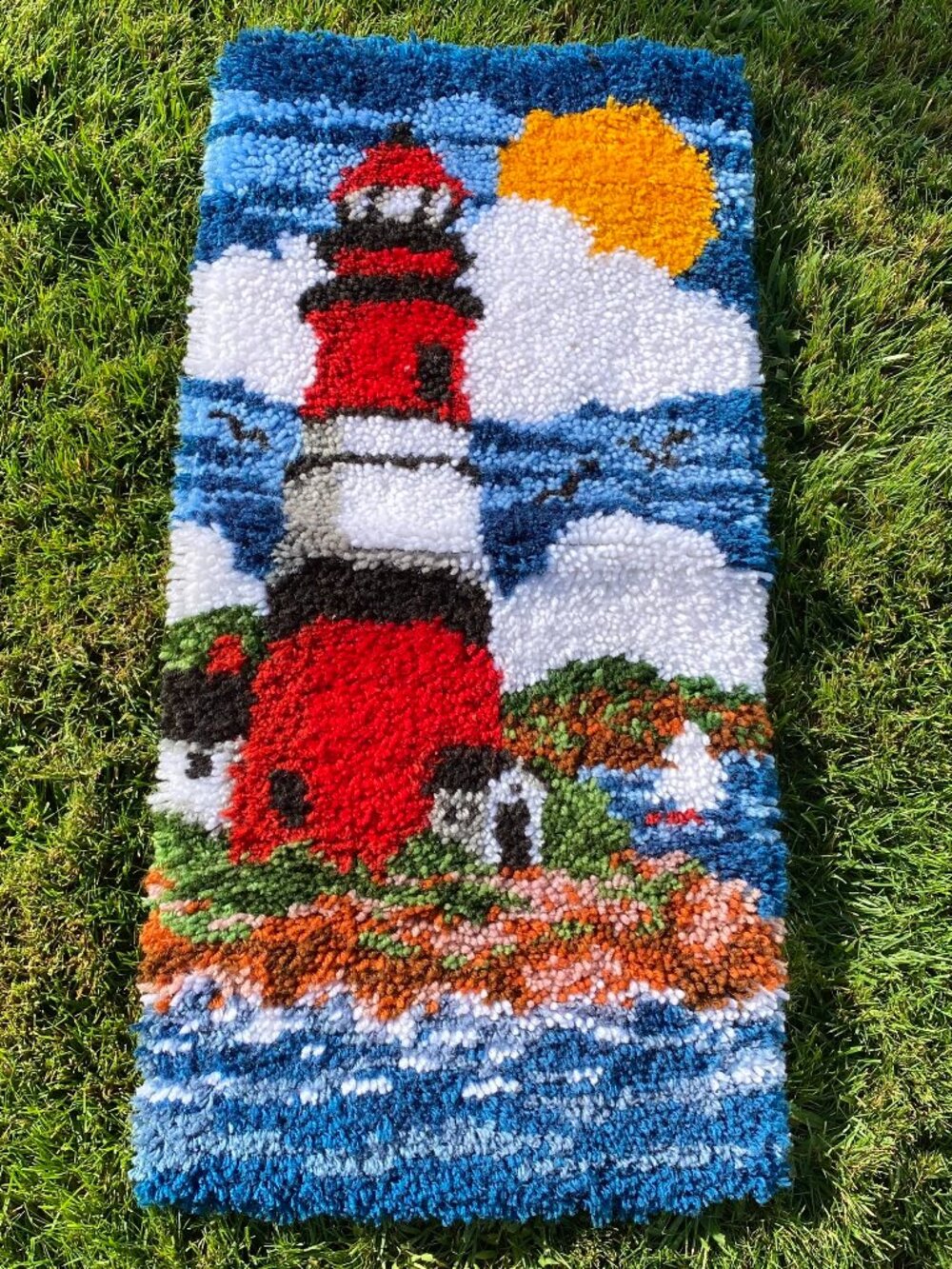 Vintage Needlepoint Latch Hook Rug Tapestry Coastal Lighthouse Maine Pt. Reyes